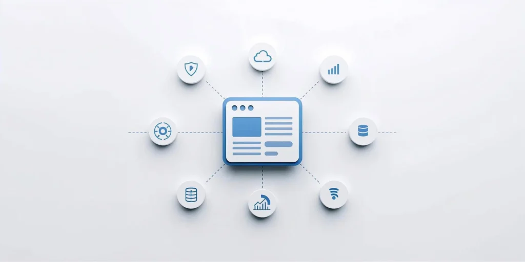 Visual representation of website maintenance services including backups, security, updates and performance monitoring