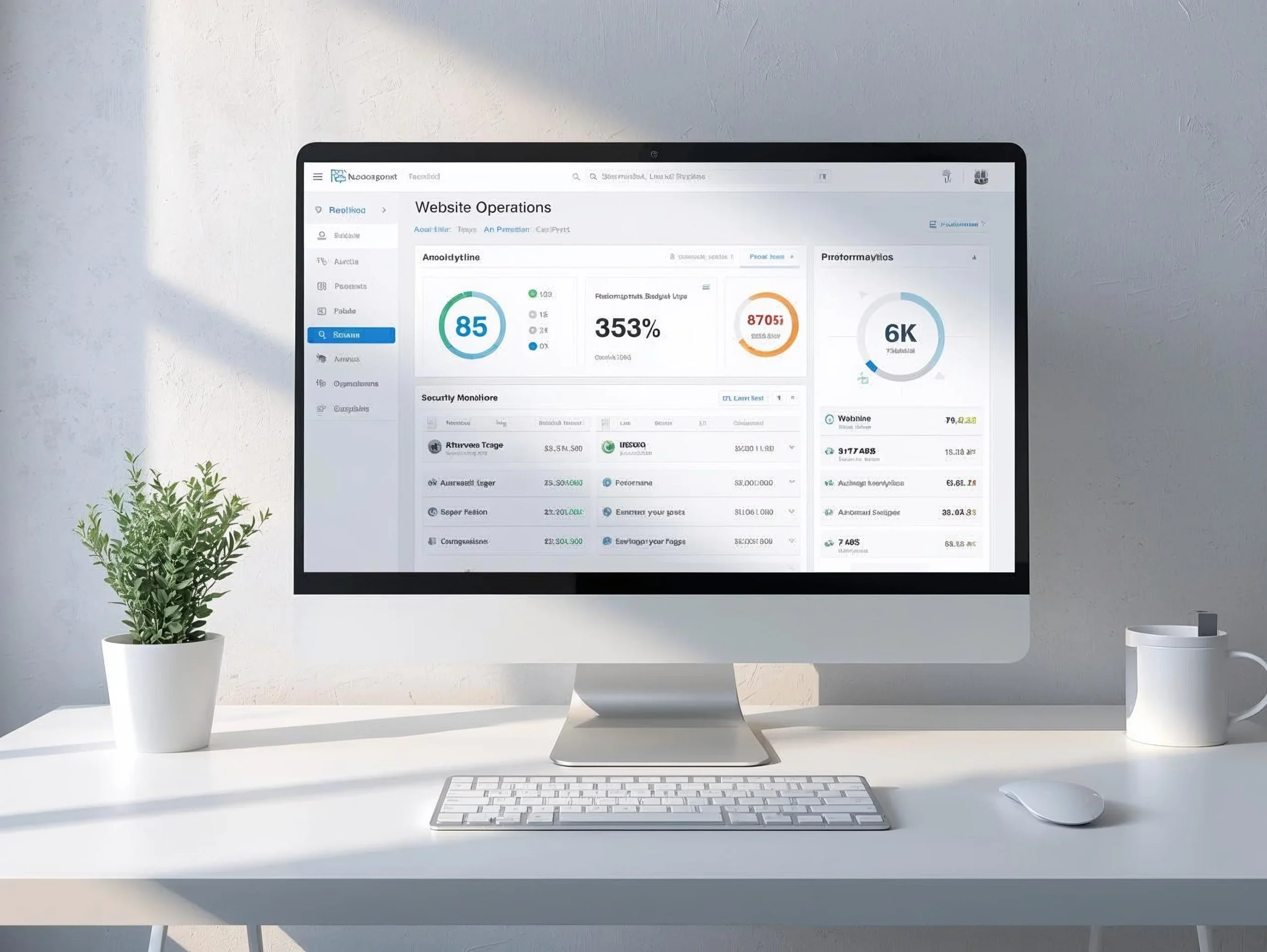 Professional website maintenance services dashboard showing uptime monitoring, security protection and performance analytics