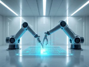 A high-tech visualization representing advanced AI in industrial automation.